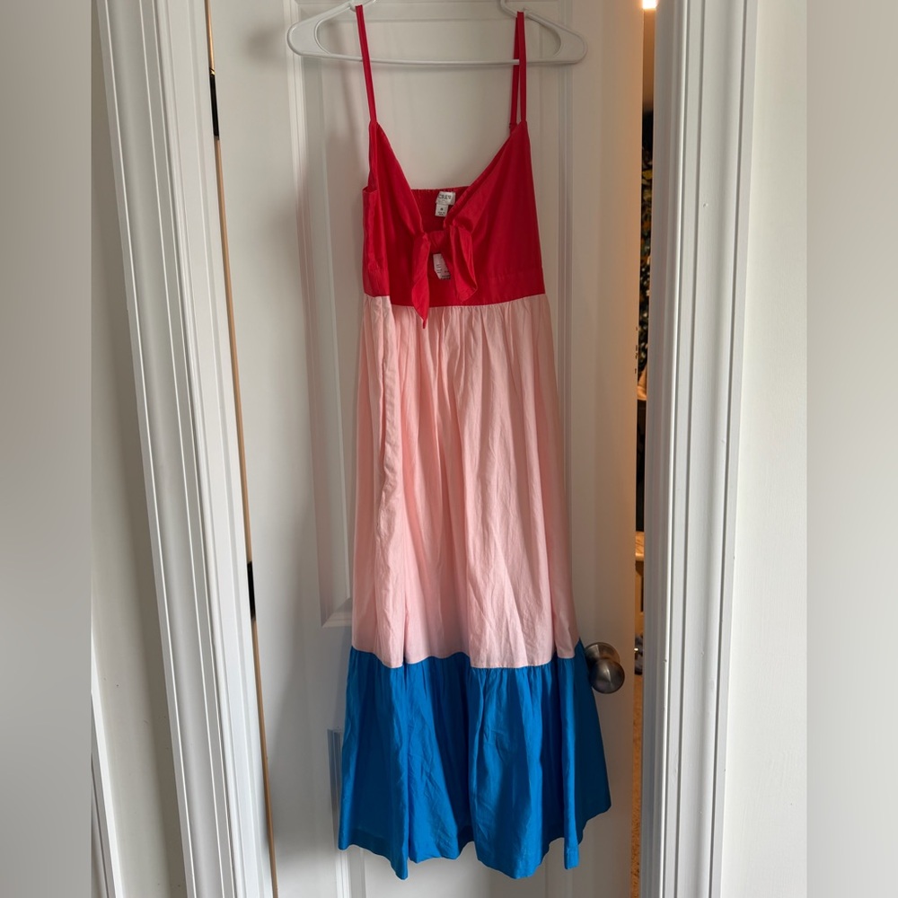 J. Crew Red, Pink, and Blue Tiered Maxi Dress with Front Tie